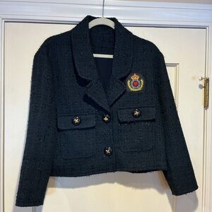NWOT Edward Achour Navy Tweed Jacket with Embroidered Crest, Size FR 38 = M